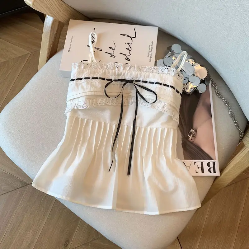 Sexy Lace Splice Design Strapl Vest Sweet Anti-aging Pure Desire Slim Fit Top Summer 2025 Faion Women's Top