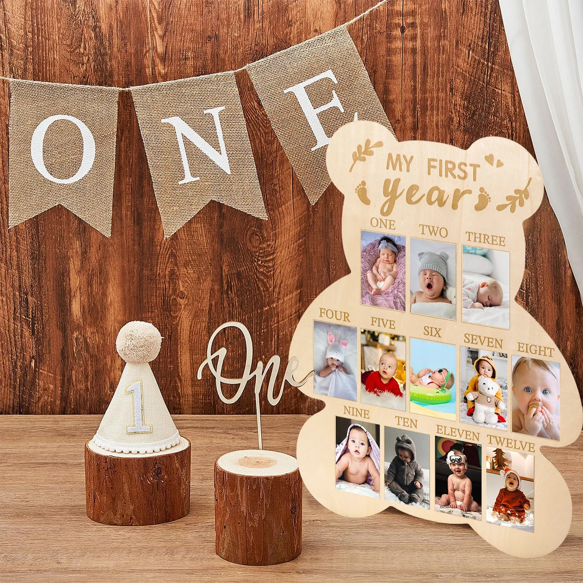 Marco de fotos de cumpleaños de bebé de un año, tablero de madera de 1 año, decoración de fiesta de cumpleaños, tablero de exhibición de imágenes para niños, regalo de cumpleaños