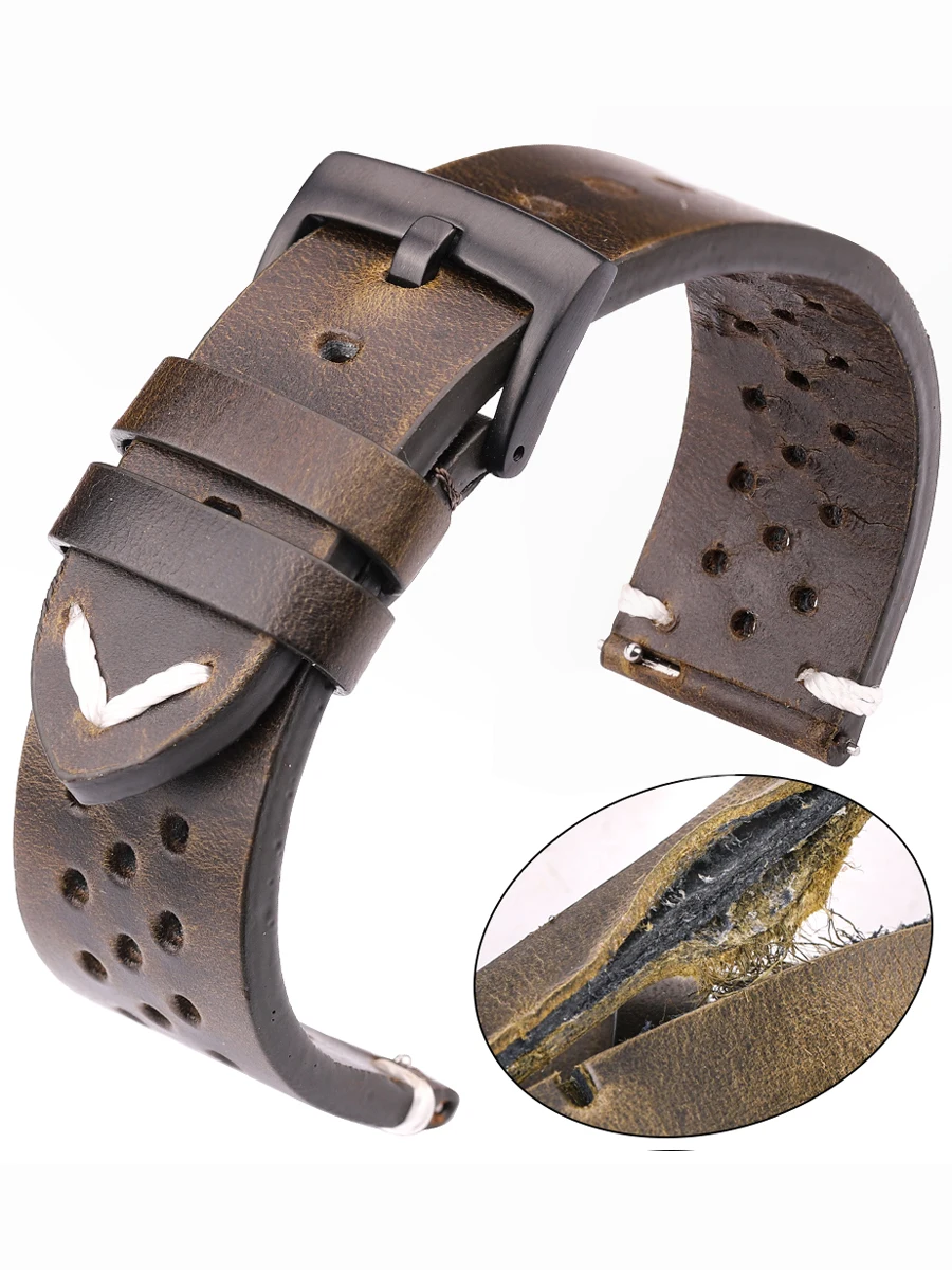 Oddychający pasek do zegarka z prawdziwej skóry z mechanizmem szybkiego uwalniania 18mm-24mm pasek ze skóry bydlęcej dostępny czarny zielony brązowy żółty paski do zegarków unisex — zdjęcie 2