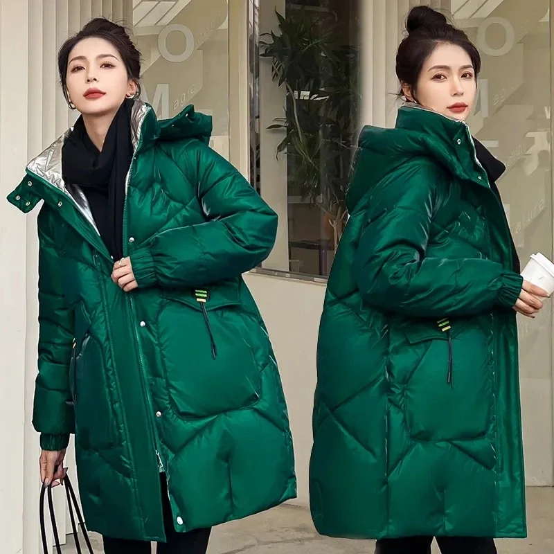 New Glossy Down Jacket Women's Winter Korean Loose Ladies Down cotton Hooded Coat Female Warm Parka Casual Student Long Overcoat