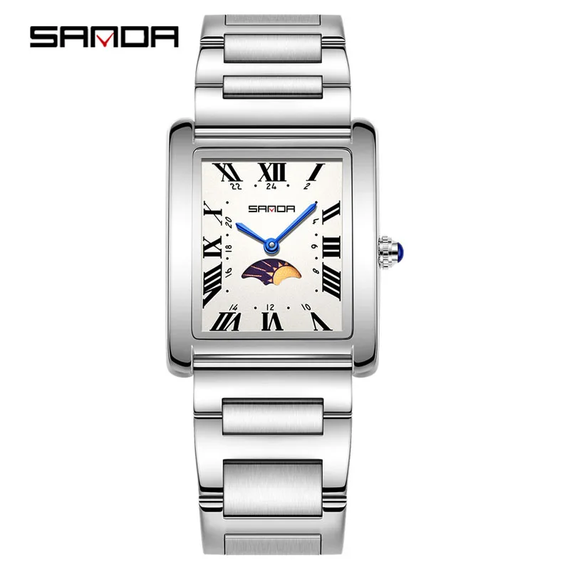 

SANDA 9122 Модные женские кварцевые часы с фазами Луны, квадратным циферблатом, водонепроницаемые, с ремешком из нержавеющей стали, ретро-стиль, деловые женские часы