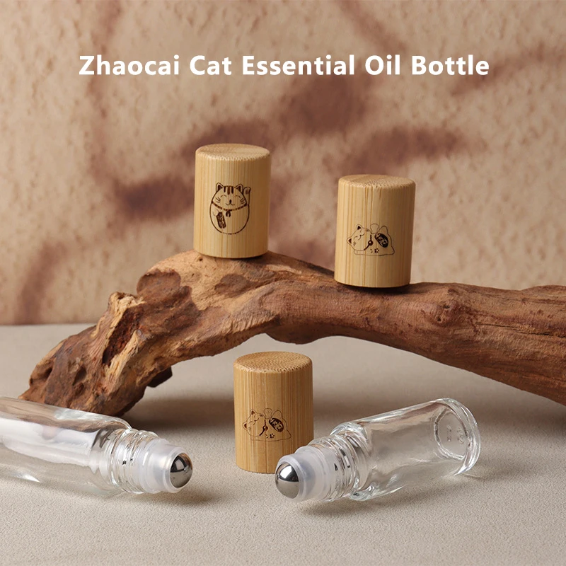 Cartoon Cat Bamboo Roll On Bottle 5/10ml Wood Roller Bottle Essential Oil Lip Gloss Refillable Tube Empty Jar Glass Bottle