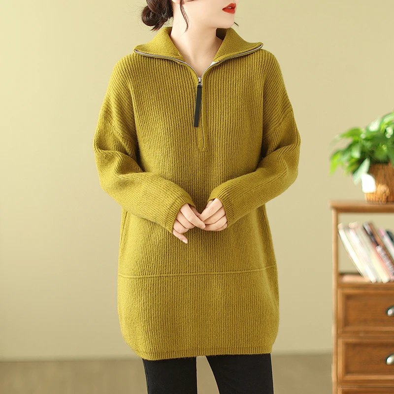 

Korean Style High Street Zipper Pullover Women'S Sweater Loose Mid Length Casual Solid Color Simple Long Sleeved Turtleneck Tops