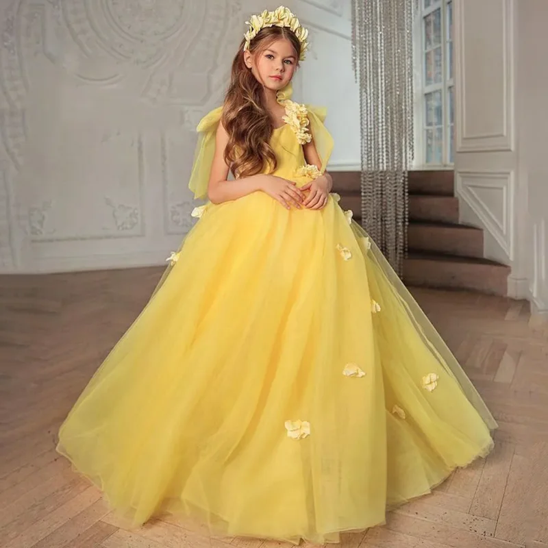 

Flower Girl Dresses Yellow Tulle Puffy 3D Petal Bow Sleeveless For Wedding Party Birthday Banquet First Communion Gowns