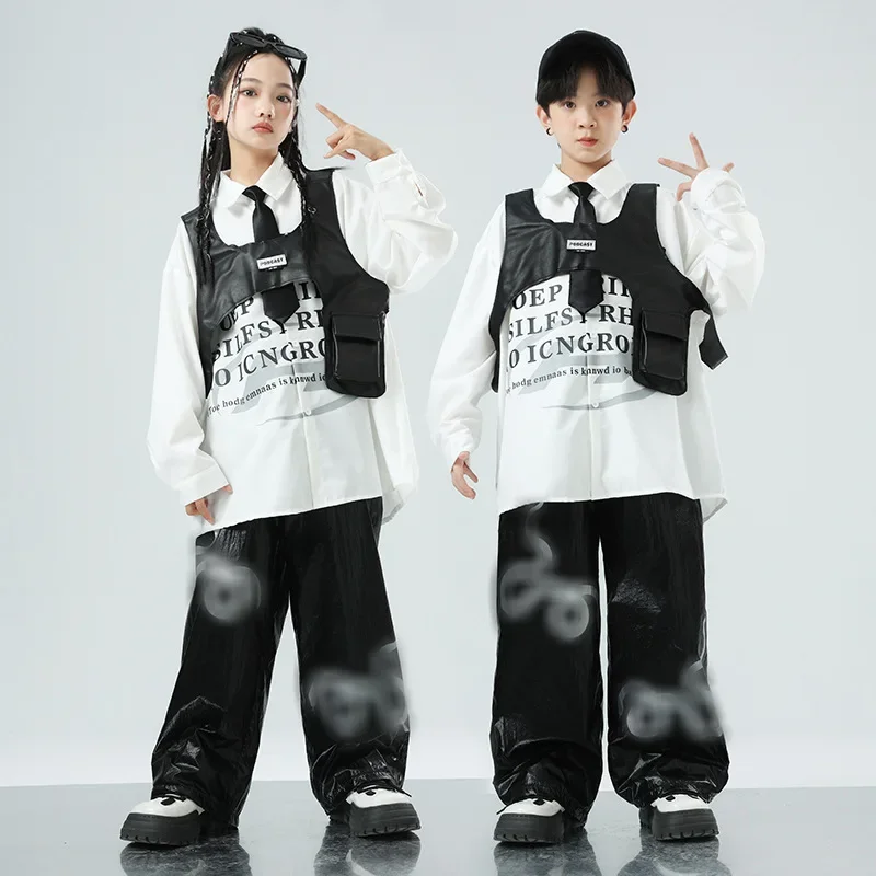 Children Hip Hop Jazz Fashion Show Dance Performance Clothes Boy Gril Leather Vest Baggy Pant Shirt Suits Sets Kids Tracksuits