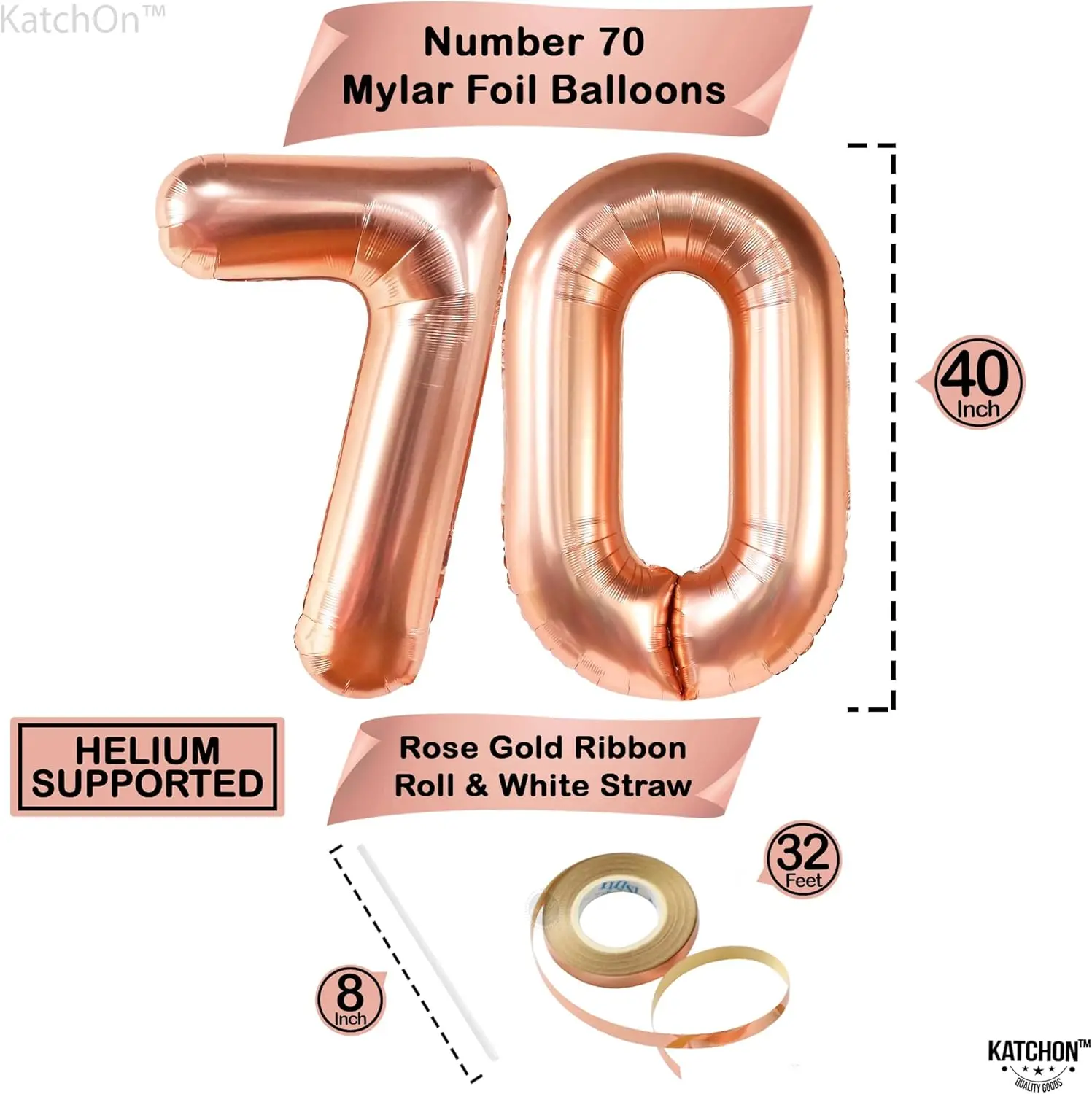 � 40-Zoll-Ballon mit Roségoldfolie und Nummer 70 und Konfetti – Dekorationen zum 70. Geburtstag und Jubiläum – großer Partyballon – Detail 4