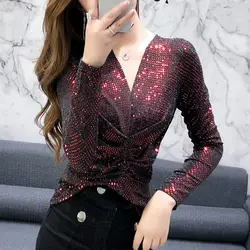 V Neck Tees Causal Glitter Top for Women Long Sleeve T Shirts Female Cool Clothes Tall Manga Goth Korean Fashion Fitted Pulovers