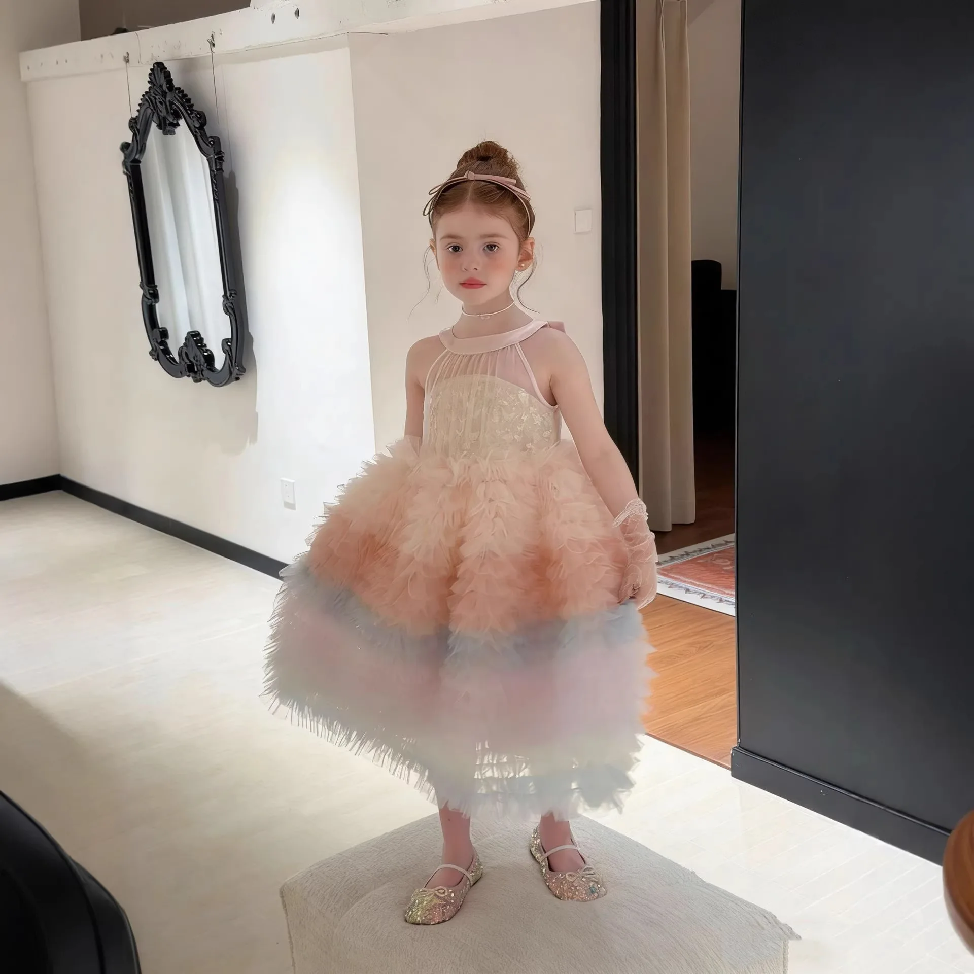 Girls Dress 2026 Spring Summer New Children's Clothing Korean Style Baby Hanging Neck Gradient Mesh Cake Princess Dress