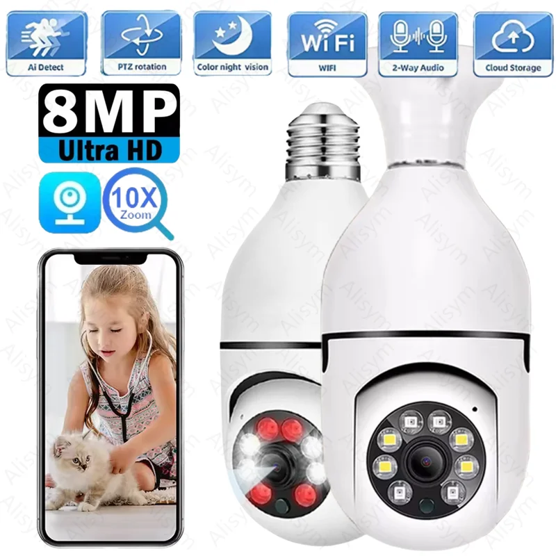 واي فاي كاميرا IP E27 لمبة كام 8MP مراقبة الطفل اللاسلكية AI تتبع الأمن مراقبة الفيديو كاميرا الحيوانات الأليفة اللون للرؤية الليلية داخلي