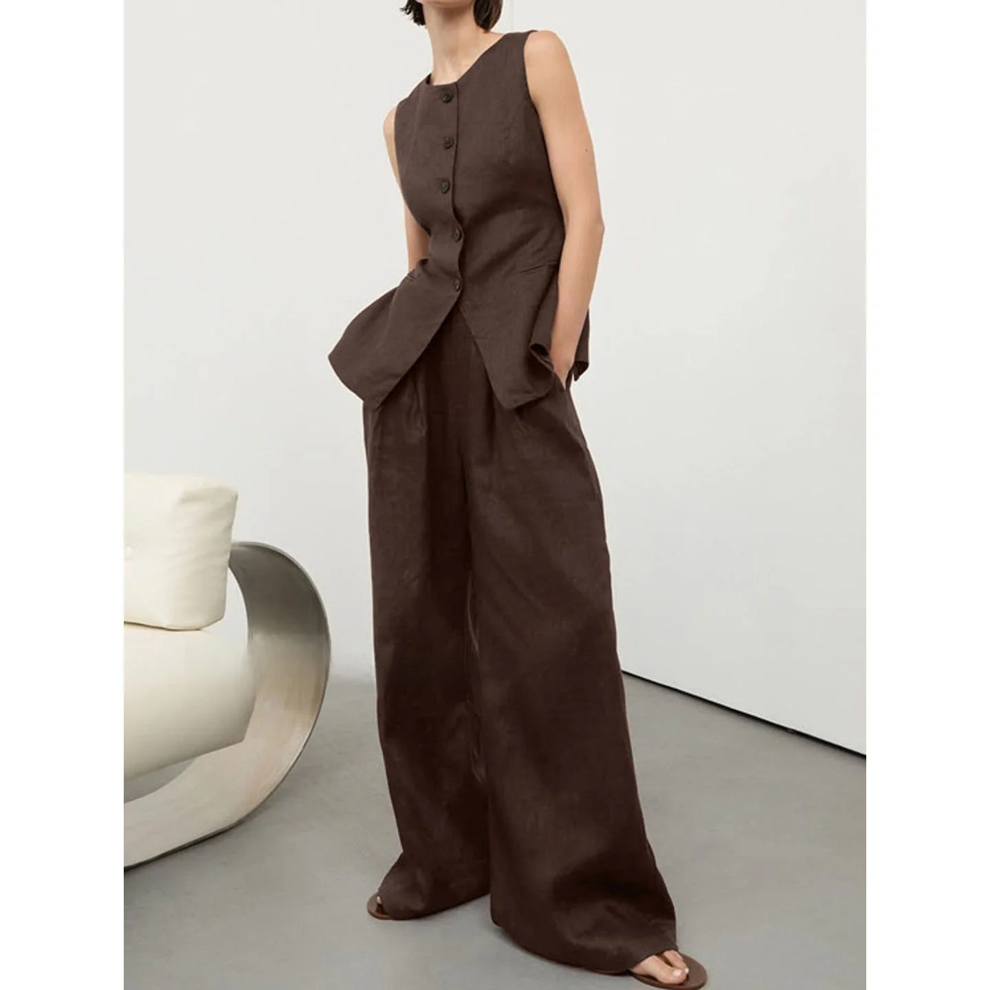 

Cotton Linen Vest And Pants Set round Neck Sleeveless Loose Wide Leg Long Pants Two Piece Women's Traditional Chinese Style O...