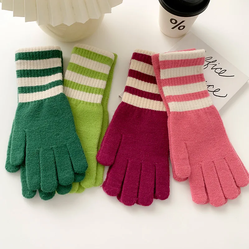 Guantes cálidos con pantalla táctil de Raya Horizontal para mujer, guantes de hilo de punto, guantes resistentes al frío para ciclismo, guantes cálidos de invierno a la moda