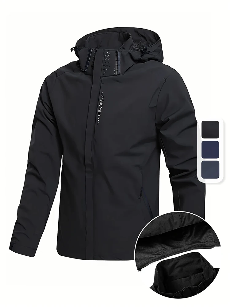 

2026 Men's Casual Waterproof Windbreaker Jacket Full Zip Up Hooded Shell Outdoor Hiking Coat For Spring Autumn Plus Size