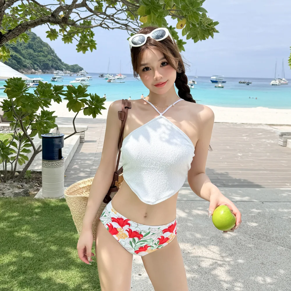 

Swim Wear Women Bikini Set 2024 Korean Outfits High Waist Swimsuit Ladies Split Vacation Neck Hanging For Slimming Waisted