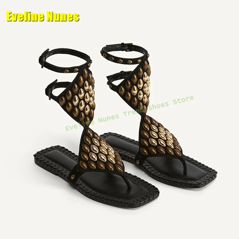Women's Studded Split Suede Sandals Square Toe Flat with Ankle Strap Slingback Buckle Shoes Retro Bohemian Style 2025 New Style