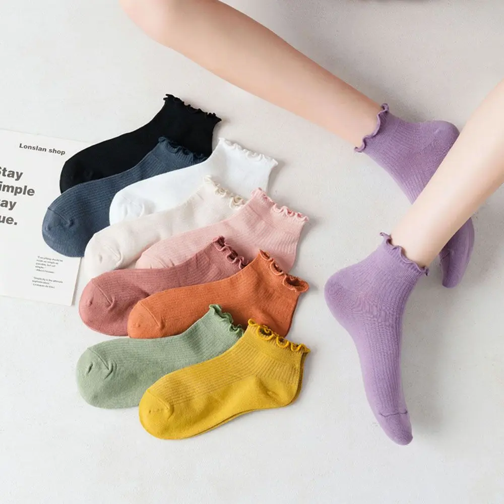 Cotton Women\'s Socks Frilly Ruffle Socks Spring Summer Casual Ankle Short Boat Socks Loose Knitting Solid Color Mid Tube Sock