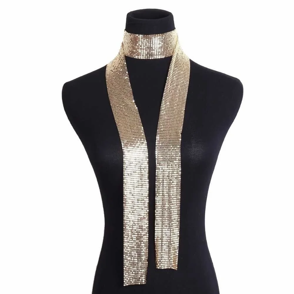 Damen Punk Aluminium Legierung Pailletten Krawatte Kette Anhänger Halsband Lange Dünne Hals Kragen Halsketten Schal Schal Sexy Mode Schmuck – Detail 16