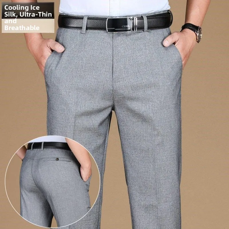 

High Waist Loose Fit Thick Casual Pants Anti-Wrinkle Spring Autumn Men's Business Style Straight Leg Polyester Fiber