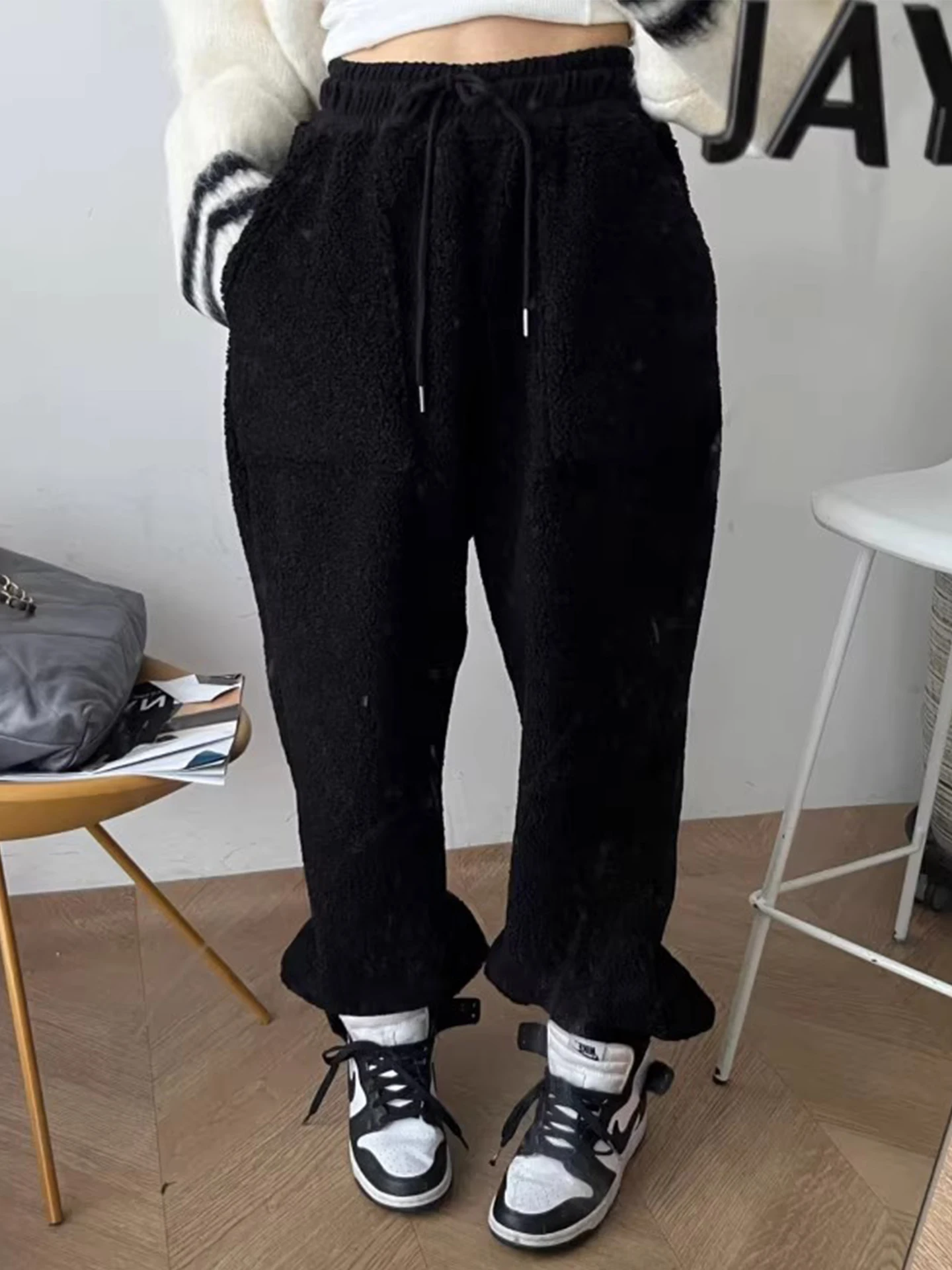 السيدات عالية الخصر Dstring Fce اصطف فرو الضأن مكبل السراويل شتاء دافئ بناطيل كاجوال تخفيف Sle الكورية Faion #3