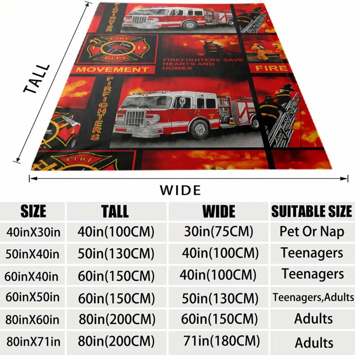 Fire Truck Firefighter Badge Quote Grid Print Red Black Base Flannel Throw Blanket, Soft Warm Sofa Cover, Fireman Fan Bedroom
