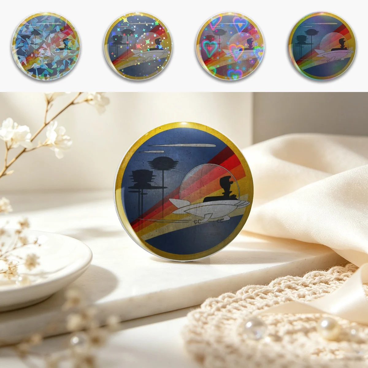 Fly back to the future! (on white) Pin Holographic Star Heart Pin Brooches Laminated Button Fashion Accessory