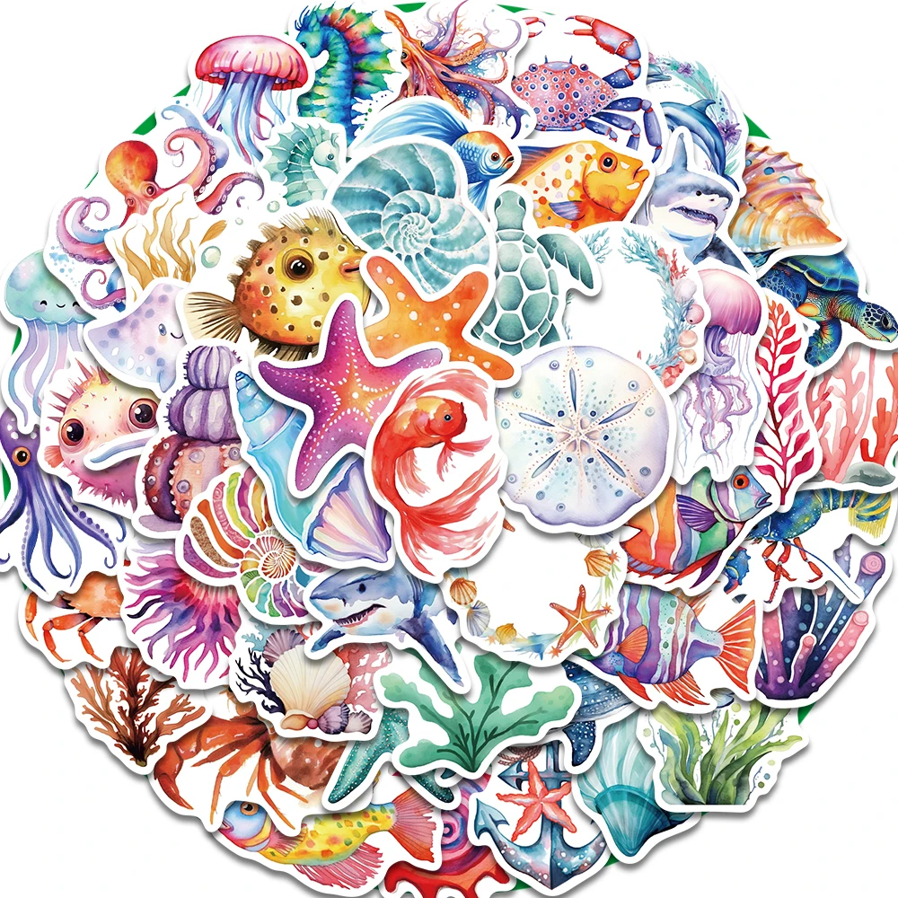 50PCS Aquatic Colorful Marine Organisms Sticker Laptop Luggage Kawaii Cafe Home Decoration Waterproof Phone Graffiti Decals