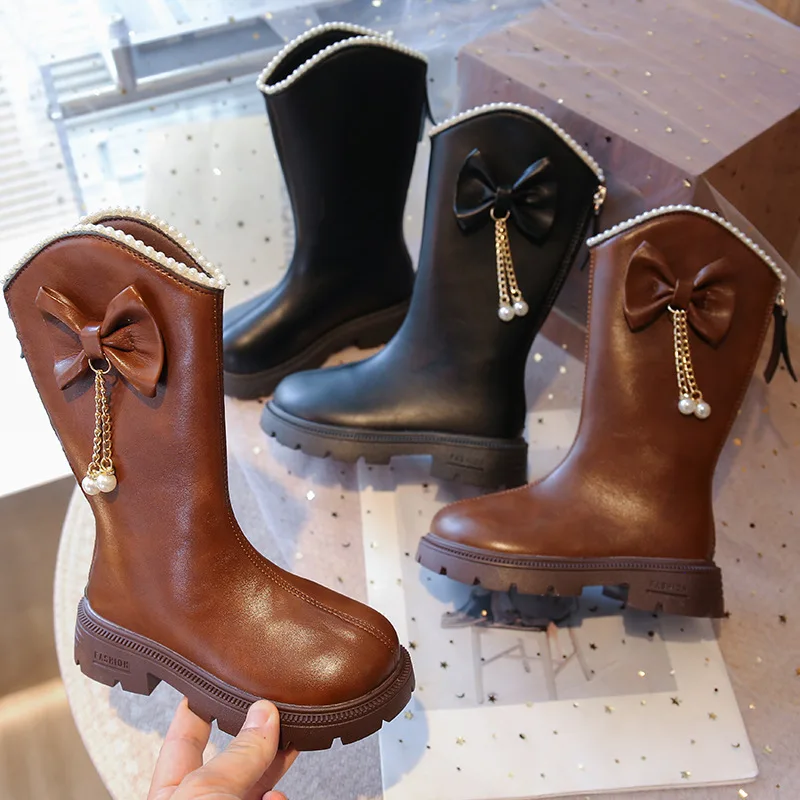 

Girls Knee-high Boots Children Autumn Winter Chic Bow-tie Design Leather Long Pipe Princess Boots Students Perform Catwalk Boots