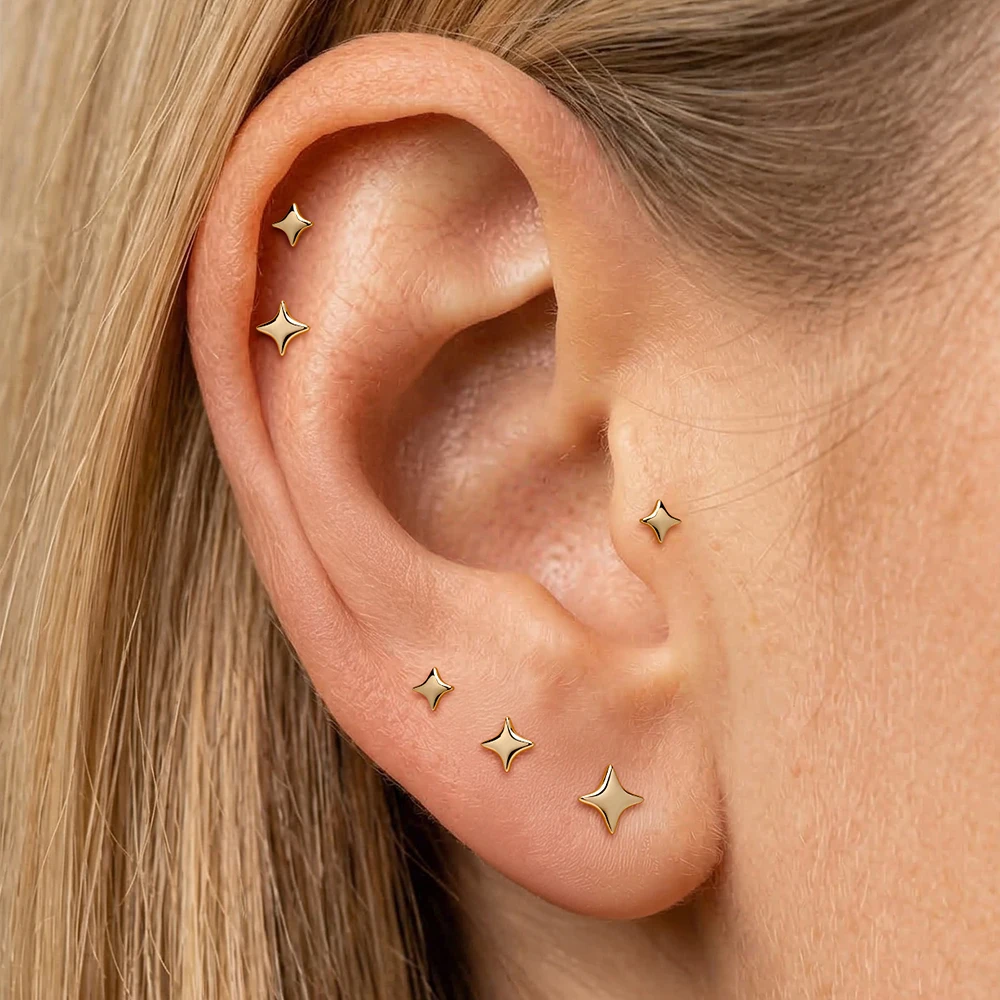 ROXI 1PC 14K Solid Gold S/M/L Four Point Star Flat Back Piercing Earring 5/6/8mm Dainty Smooth Star Ear Jewelry For Women