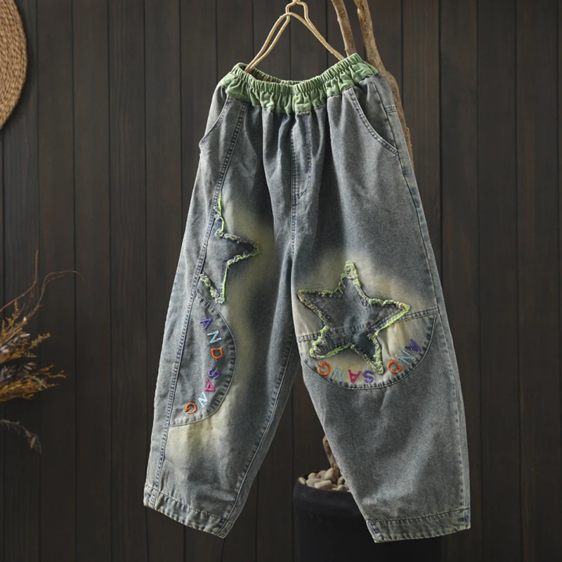 

Women Casual Boyfriend Jeans New 2026 Spring Vintage Style Streetwear Letter Embroidery Female Ankle-length Denim Pants M2318