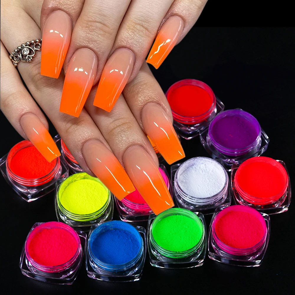 12 sztuk Neon Nail Pigment zestaw flurorecent Glitter letnia dekoracja niebieski różowy Gradient proszek Rub pył Manicure Flakies NTYE01-12