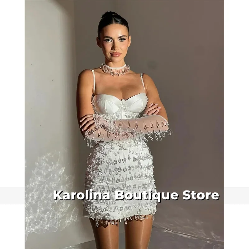 Customized White Spaghetti Strap Crystal Prom Dresses Corset Sleeveless vestidos de noche Sheath Mini Formal Evening 2025
