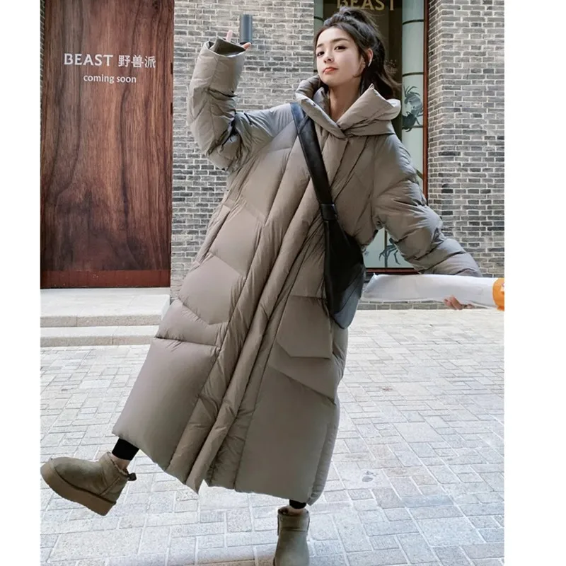 High end Grey Long Down Snow Jacket Women's Winter 2024 New Fashion Thicken Warm Duck down Coat Windproof Hooded Parkas Overcoat