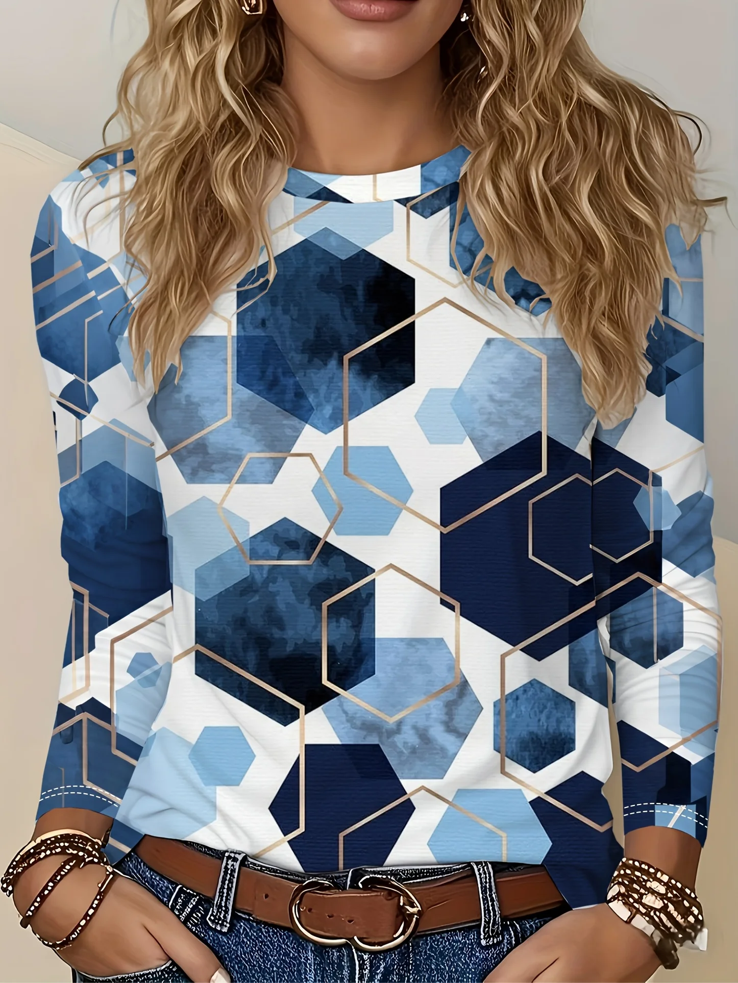 Women T‑Shirt Long Sleeve 3D Blue Hexagon Geometric Print Tee Casual Street Female Wear Daily O‑Neck Fashion Top Women's Clothes
