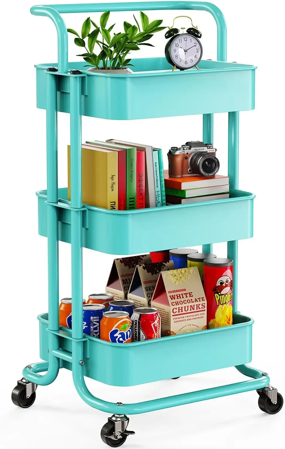 3 Tier Mesh Utility Cart, Rolling Metal Organization Cart w/ Handle and Lockable Wheels, Multifunctional Storage Shelves