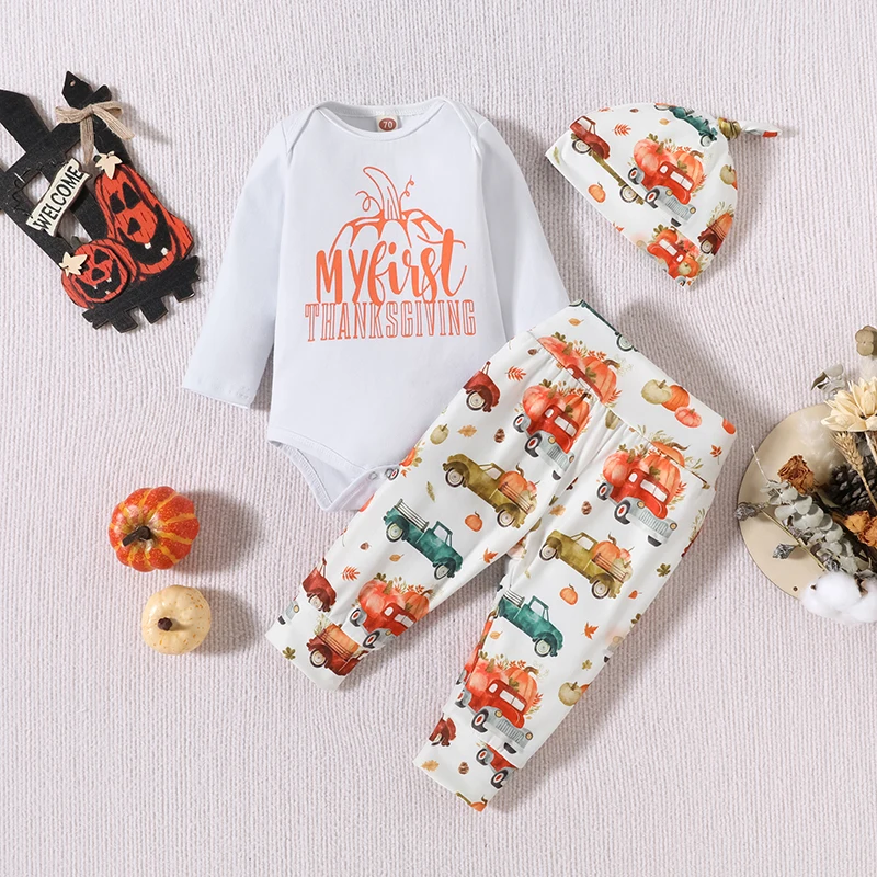 

Infant Boys Girls Thanksgiving Costumes Letter Printed Jumpsuit Pumpkin Car Printed Trousers Hat 3-Piece Autumn Apparel Set