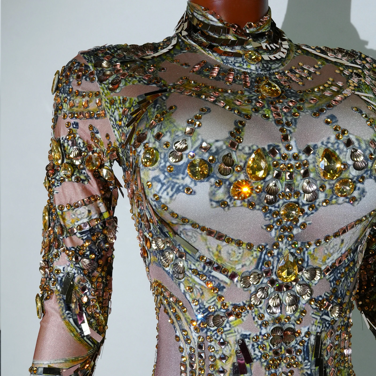 Full Gold Rhinestones Jumpsuits Sexy Printed Tassels Drag Queen Costume Dance Show Women Wear Singer Birthday Performace Outfit