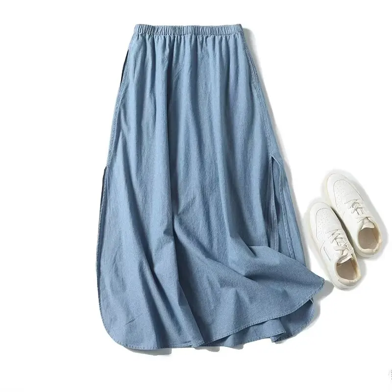 Maxdutti French Minimalist Lazy Fashion Sky Blue Summer Cotton A-line Midi Skirts Womens Commuter Leisure Denim Skirt Women