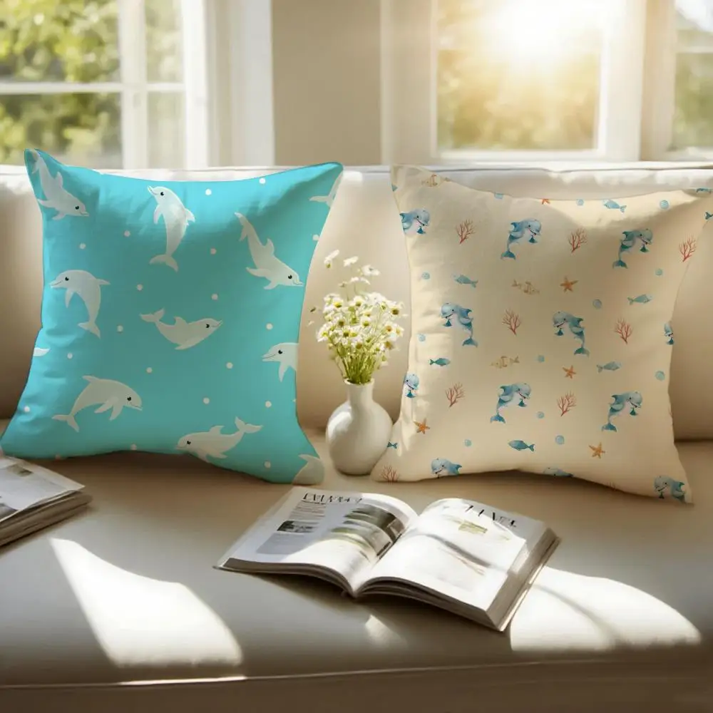 Cute Dolphin Pattern Cushion Cover Cushion Cover Soft & Easy-Wash Versatile For Couch, Bed, Travel And Office