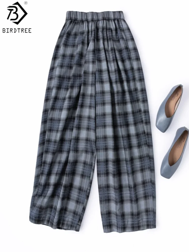 

Брюки Birdtree, 78% натуральный шелк, 22% нейлон, в клетку, женские повседневные шаровары из сухого шелка, с эластичным поясом, новинка весны 2026, P63626JF