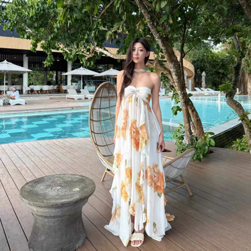 Verano mujeres francés Vintage Maxi fuera del hombro vestido bohemio sin espalda fiesta de noche gasa vestido de fiesta Floral N805