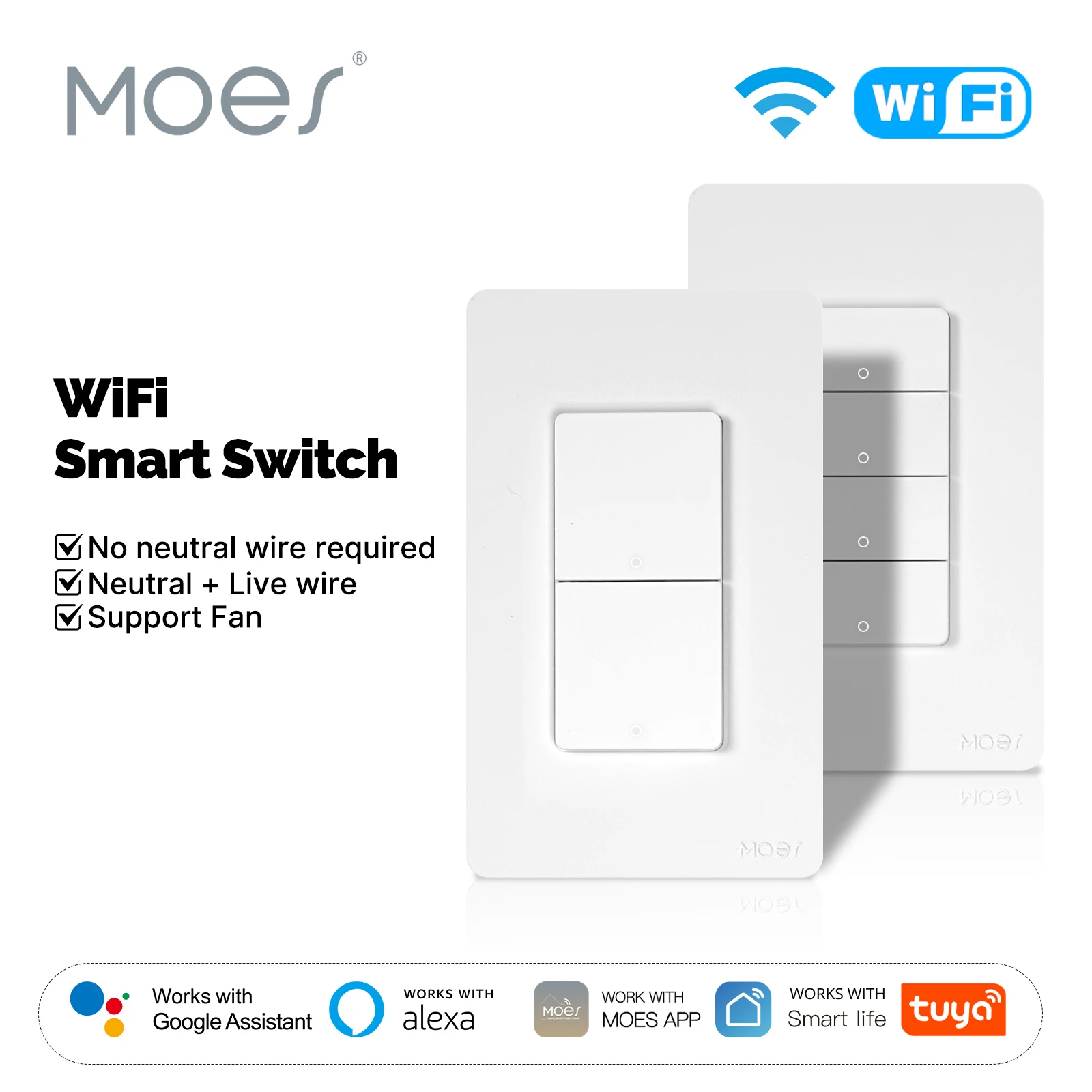 MOES Tuya Wi-Fi Smart Button Wall Switch (US Single-Live/Neutral Wire),Work with Alexa and Google Home,No Neutral Wire Required