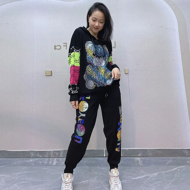 Autumn Cartoon Diamond Bear Knitting Tracksuit Women 2 Piece Sets,Knit Sweater and Pants 45kg-80kg Oversize