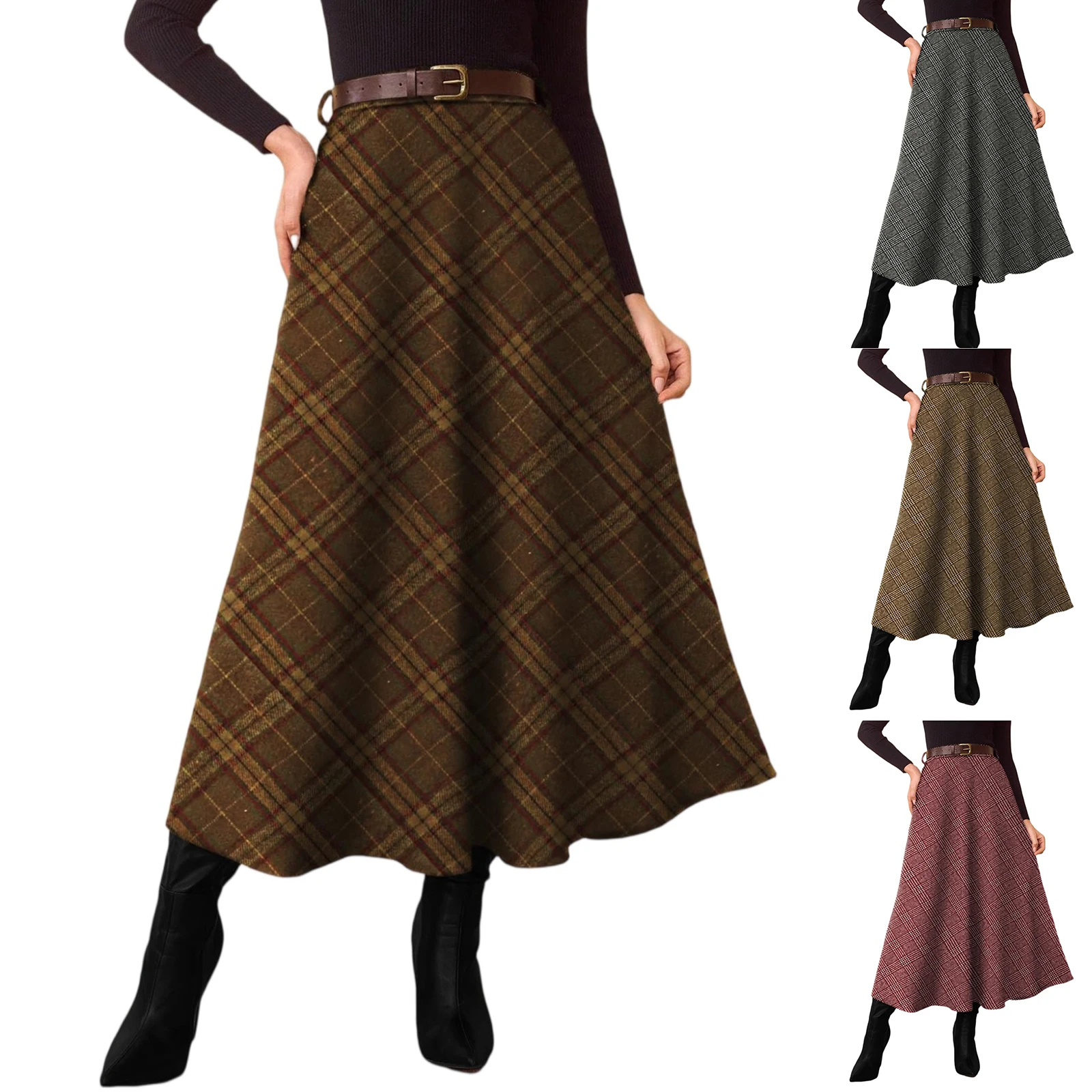 Women Flared Vintage High Waist A Line Tartan Skirts with Pockets Plaid Skirts Fall Winter Fashion Casual Long Skirt Faldas