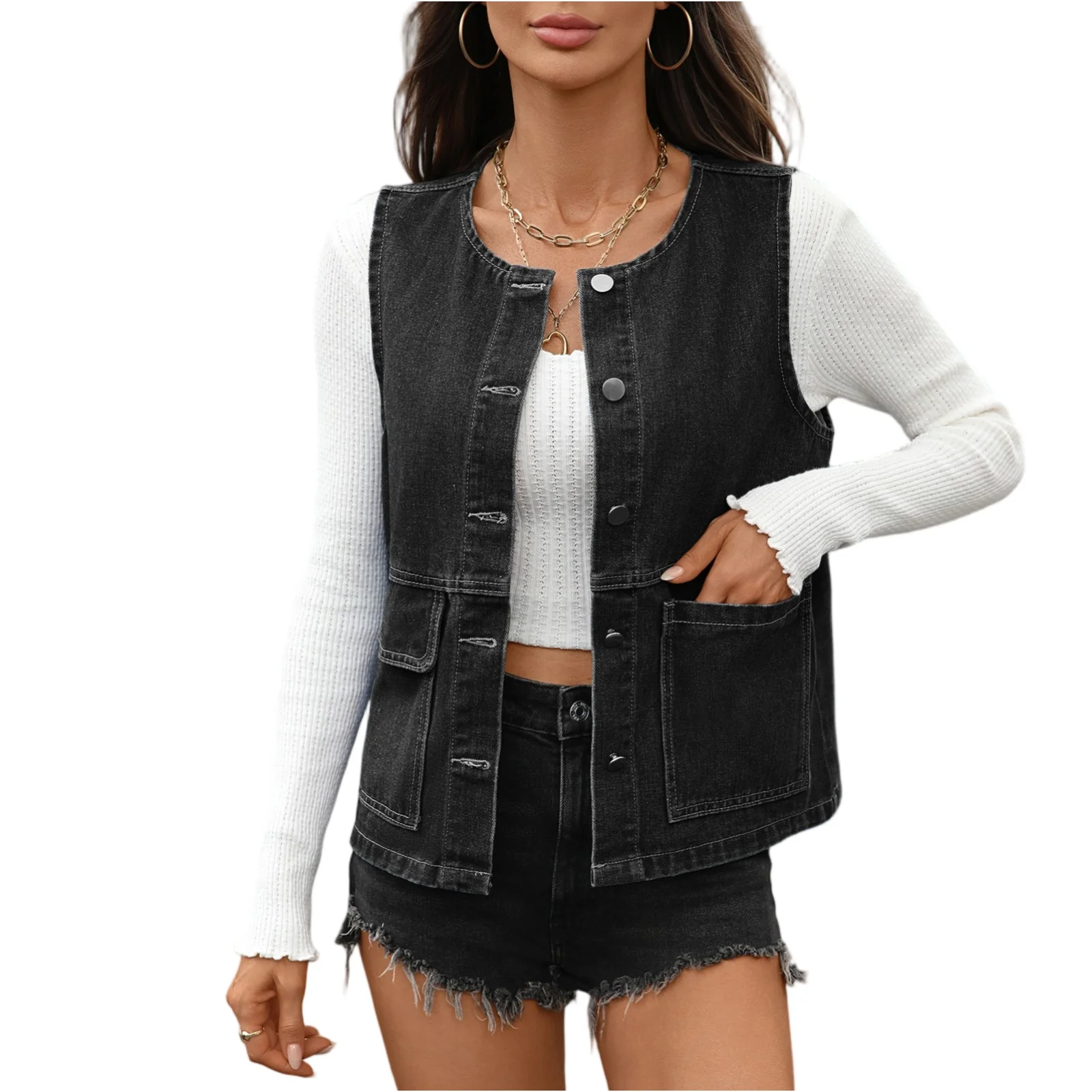 

Denim Vest For Women Round Neck Sleeveless Short Waistcoat Simple Casual Vest Female Outerwear Tops Summer Tops Loose Fit