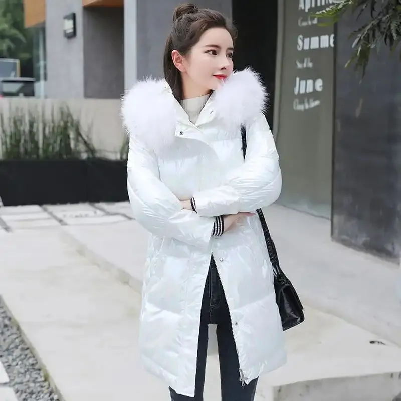Hooded Fur Collar Women\'s Parka 2022 Winter New Mid-Length Jackets Shiny Glossy Down Padded Outwear Long Sleeve Female Fashion