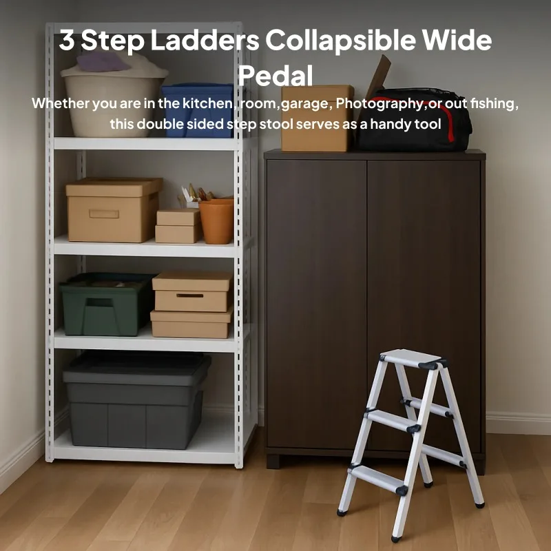 3 Step Folding Ladder Sturdy Aluminum Alloy Ladder Non-Slip Herringbone Ladder Wide Platform Steps for Outdoor Working Household