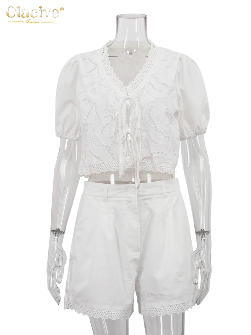 Clacive 여성용 루즈 화이트 코튼 2 피스 세트, 반팔 셔츠, 하이 웨이스트 반바지 세트, 스트리트웨어, 2025 여름 복장