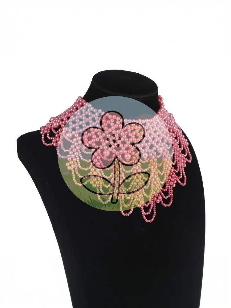 ☛Imitation Pearl Fake Collar Necklace Hollow Design Imitation Pearl Bib Necklace Multi Layer Detachable Collar Dress Accessory