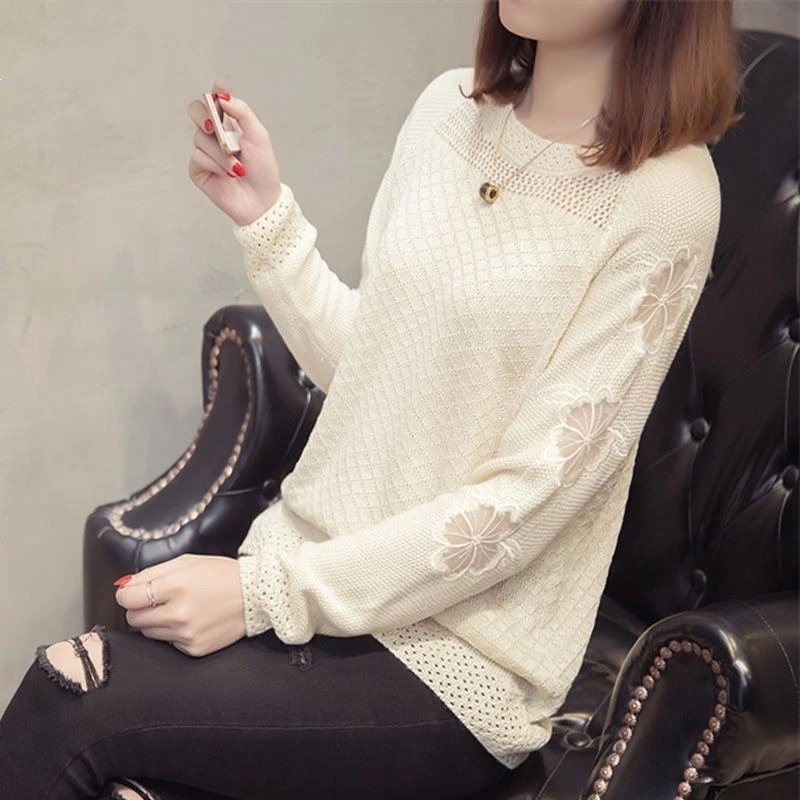 Spring Autumn New Women Simplicity Commute Solid Color Spliced Hollow Out Lace Round Neck Loose Sweater Knitted Long Sleeve Tops