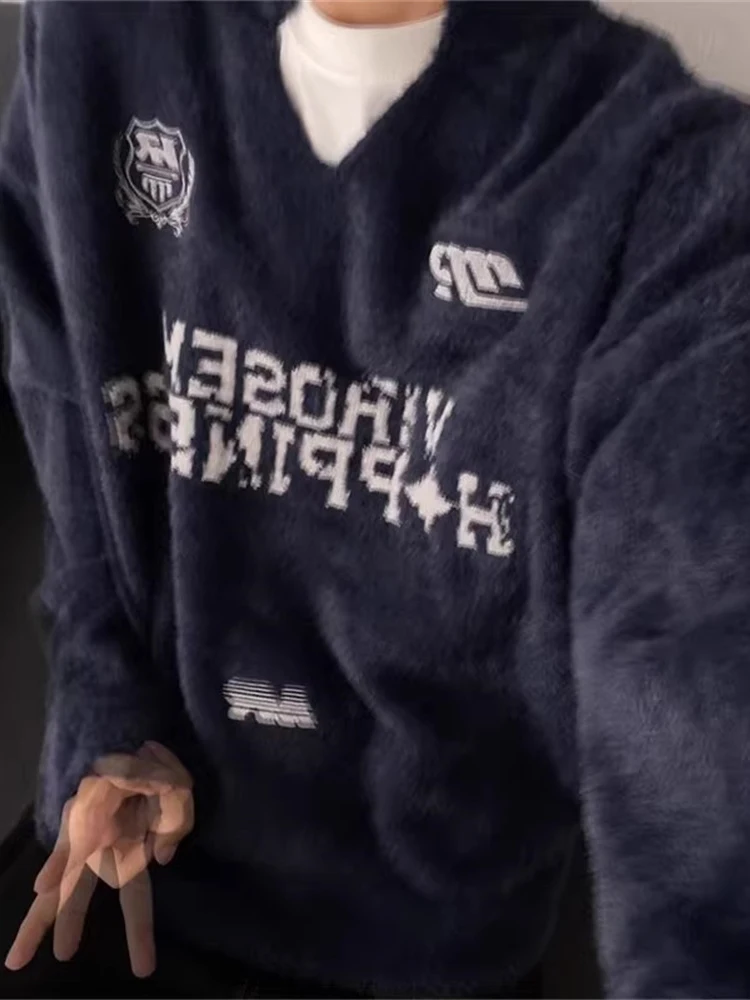 

Мужской свитер в американском ретро-стиле, мягкий, весенне-осенний, вязаный, с V-образным вырезом, вышивкой, спортивный, повседневный, свободного кроя