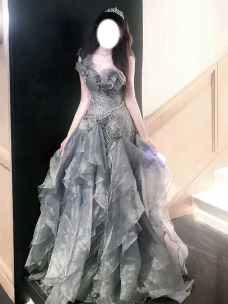 

ey Evening Gown Princ Sle Long Dr Handmade Flowers mid Waist for New Year's Celebration Student Day Adult Ceremony